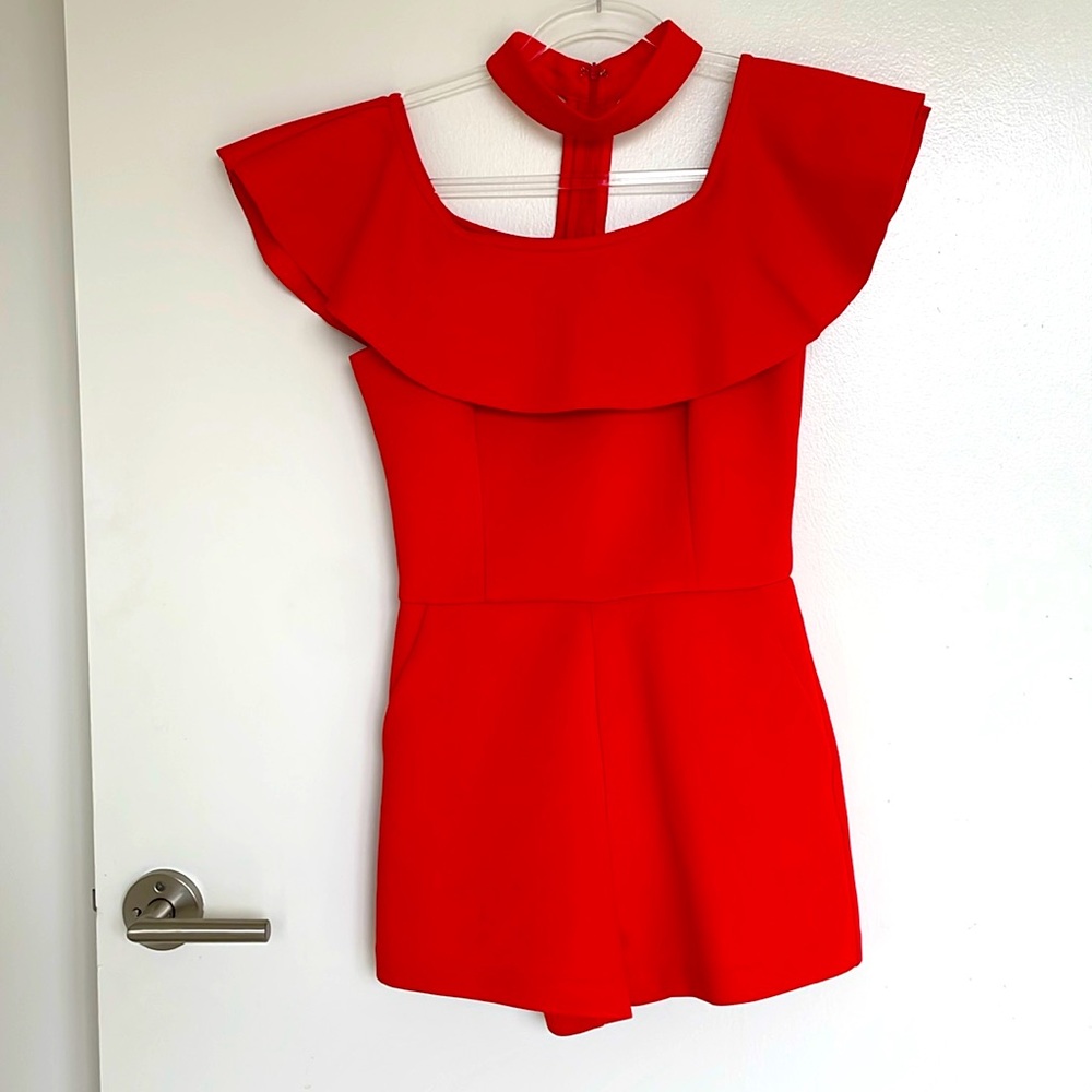 Endless Rose off shoulder orange romper with POCKETS!